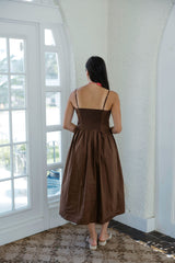 THML Brown Midi Dress with Pink Floral Embroidery