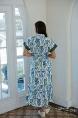 THML Blue and Green Floral Tie Midi Dress