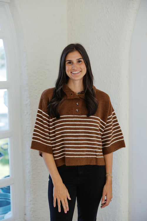 Entro Brown and White Stripe Collar Sweater