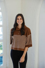 Entro Brown and White Stripe Collar Sweater