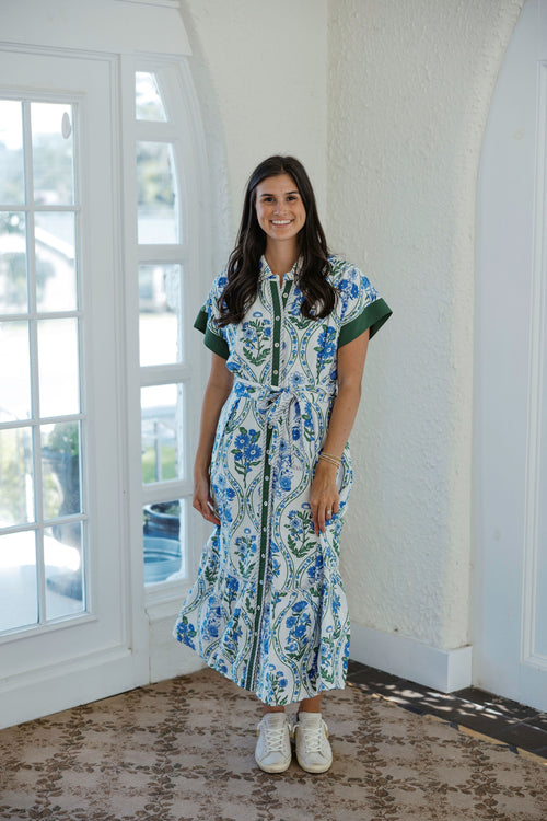 THML Blue and Green Floral Tie Midi Dress