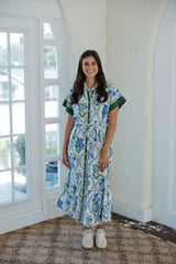 THML Blue and Green Floral Tie Midi Dress