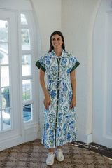 THML Blue and Green Floral Tie Midi Dress