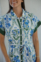 THML Blue and Green Floral Tie Midi Dress