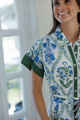 THML Blue and Green Floral Tie Midi Dress