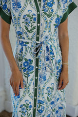 THML Blue and Green Floral Tie Midi Dress