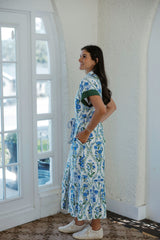 THML Blue and Green Floral Tie Midi Dress