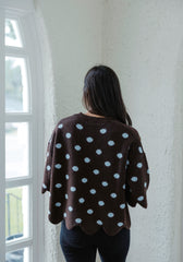 Entro Polka Dot Scalloped Sweater in Blue & Brown