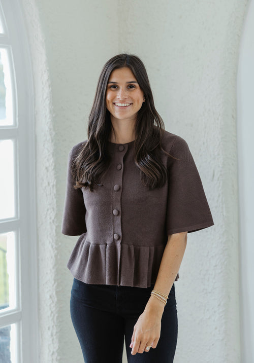 Entro Mocha Ruffle Hem Sweater Top