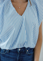 Karlie Blue Stripe V-Neck Poplin Bubble Top