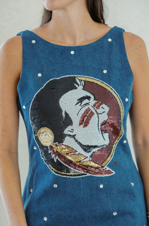 Queen of Sparkles Licensed FSU Scattered Jewel Denim Mascot Tank Dress