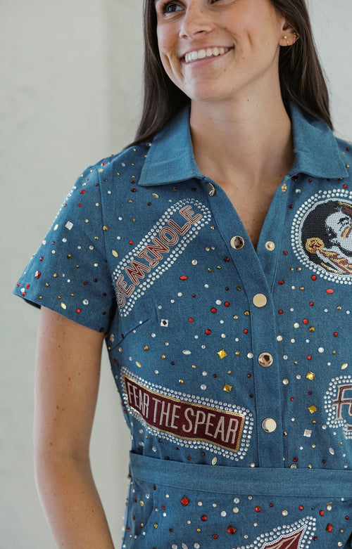 Queen of Sparkles Licensed FSU Denim Rhinestone Scattered Logo Tie Romper