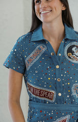 Queen of Sparkles Licensed FSU Denim Rhinestone Scattered Logo Tie Romper
