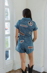 Queen of Sparkles Licensed FSU Denim Rhinestone Scattered Logo Tie Romper