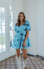 Queen of Sparkles Striped Scattered Mascot Bubble Sleeve Cotton Dress