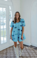 Queen of Sparkles Striped Scattered Mascot Bubble Sleeve Cotton Dress