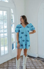 Queen of Sparkles Striped Scattered Mascot Bubble Sleeve Cotton Dress