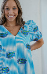 Queen of Sparkles Striped Scattered Mascot Bubble Sleeve Cotton Dress