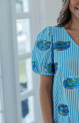 Queen of Sparkles Striped Scattered Mascot Bubble Sleeve Cotton Dress