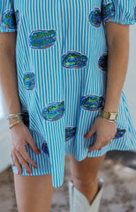 Queen of Sparkles Striped Scattered Mascot Bubble Sleeve Cotton Dress