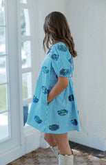 Queen of Sparkles Striped Scattered Mascot Bubble Sleeve Cotton Dress