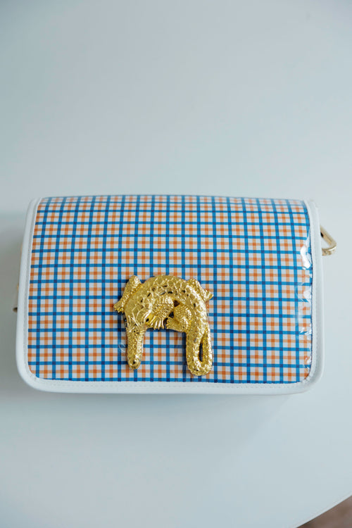 Garland White Stadium Clear Bag in Orange and Blue Plaid with Gator