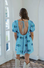Queen of Sparkles Striped Scattered Mascot Bubble Sleeve Cotton Dress