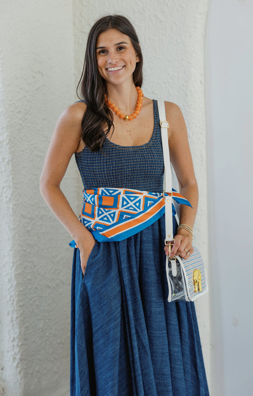 Caroline Hill Barrett Tile Scarf Medium in Blue and Orange