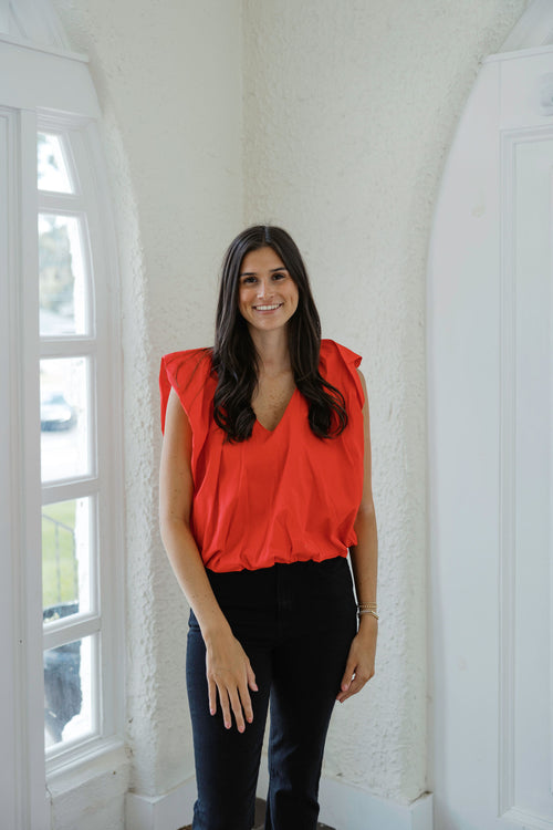 Karlie Solid Poplin V-Neck Bubble Top in Red
