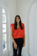 Karlie Solid Poplin V-Neck Bubble Top in Red