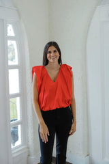 Karlie Solid Poplin V-Neck Bubble Top in Red