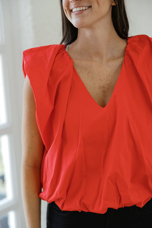 Karlie Solid Poplin V-Neck Bubble Top in Red