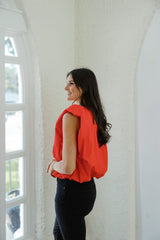 Karlie Solid Poplin V-Neck Bubble Top in Red