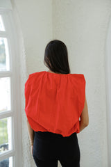 Karlie Solid Poplin V-Neck Bubble Top in Red