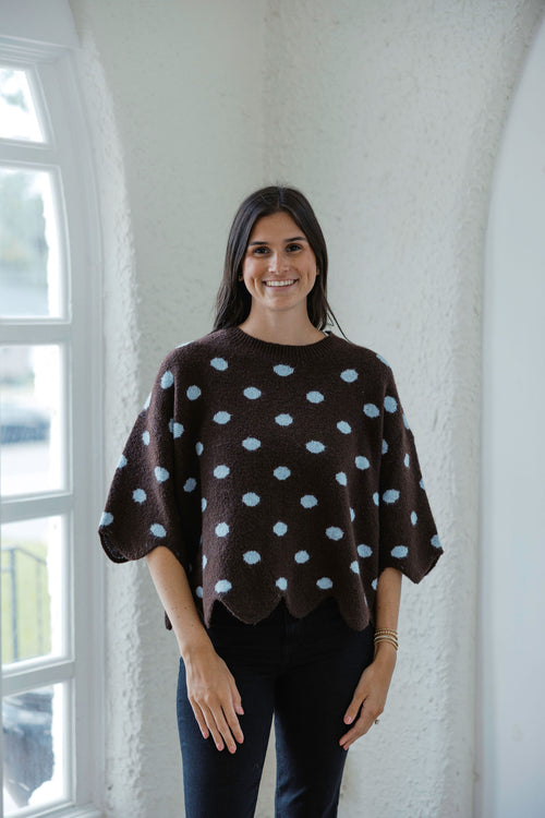 Entro Polka Dot Scalloped Sweater in Blue & Brown
