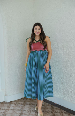 Entro Tie Waist Pink and Brown Stripe Midi Dress