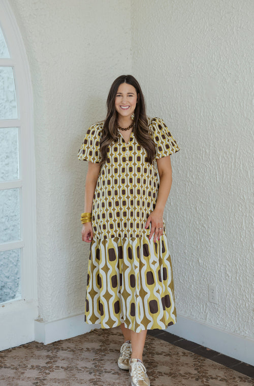 The Elizabeth Brown and Yellow Geo Print Midi Dress