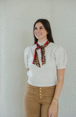 Entro Ecru Short Sleeve Sweater with Attached Cheetah Scarf