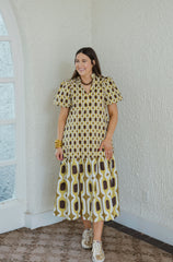 The Elizabeth Brown and Yellow Geo Print Midi Dress