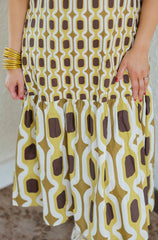 The Elizabeth Brown and Yellow Geo Print Midi Dress