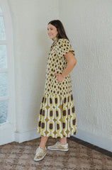 The Elizabeth Brown and Yellow Geo Print Midi Dress