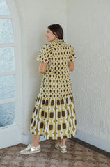 The Elizabeth Brown and Yellow Geo Print Midi Dress