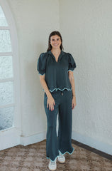 Entro Scalloped Puff Sleeve Top in Forest Green