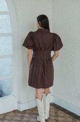 Entro Brown Cinched Waist Eyelet Hem Mini Dress