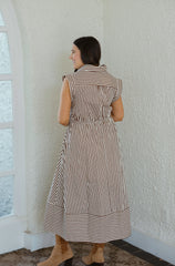 Entro Tie Waist Brown and White Stripe Midi Dress