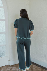 Entro Scalloped Puff Sleeve Top in Forest Green