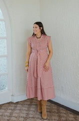 Entro Tie Waist Pink and Brown Stripe Midi Dress