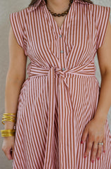 Entro Tie Waist Pink and Brown Stripe Midi Dress