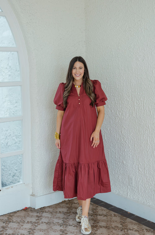 The Ginny Merlot Ruffle Hem Midi Dress
