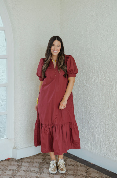 The Ginny Merlot Ruffle Hem Midi Dress